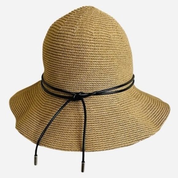 100% Linen Cloche Bucket Sun Hat Black Leather Cord Trim Tan Woven One Size VG main image 4